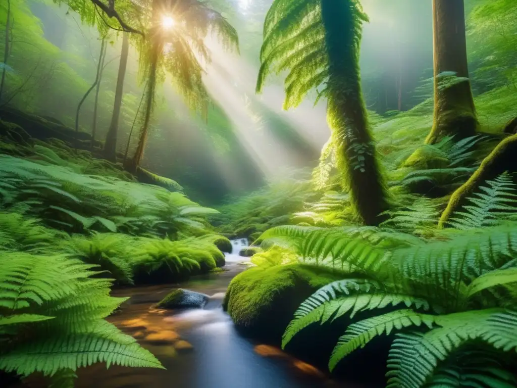 Un exuberante bosque verde con árboles altísimos alcanzando el cielo