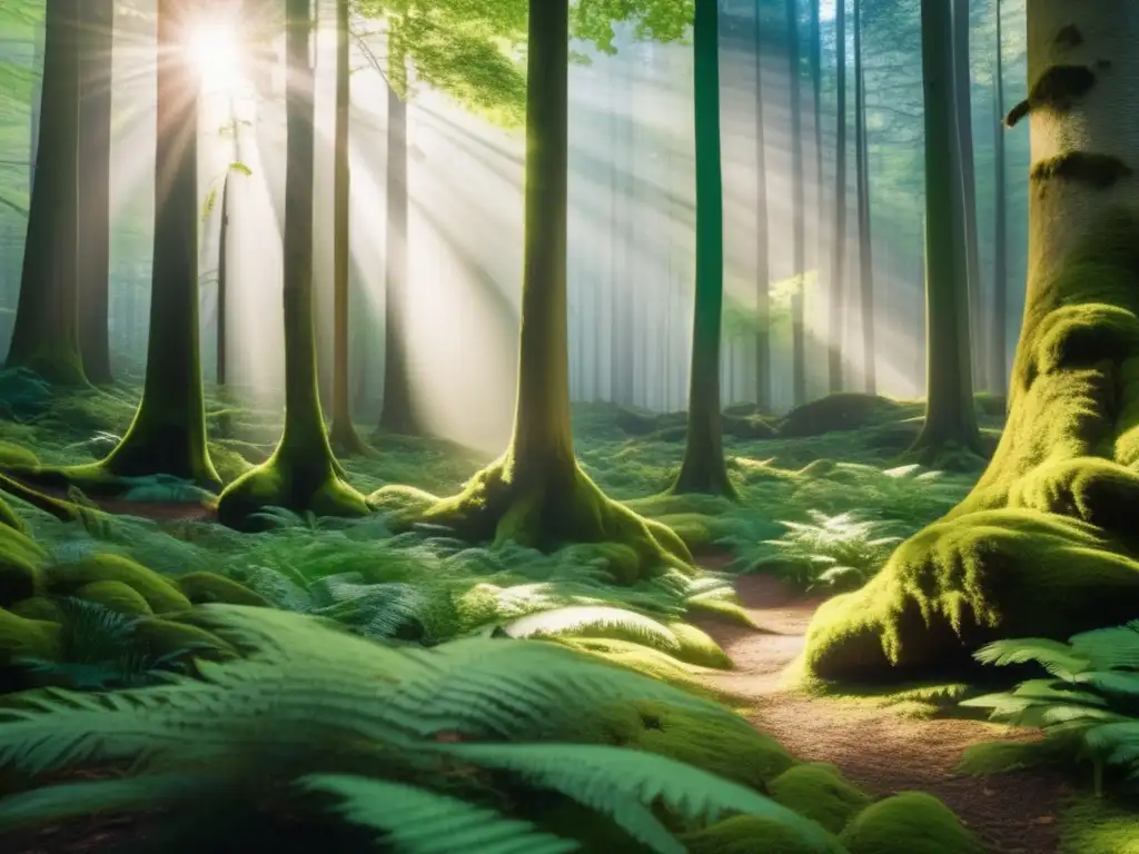 Un exuberante bosque verde bañado por la luz solar