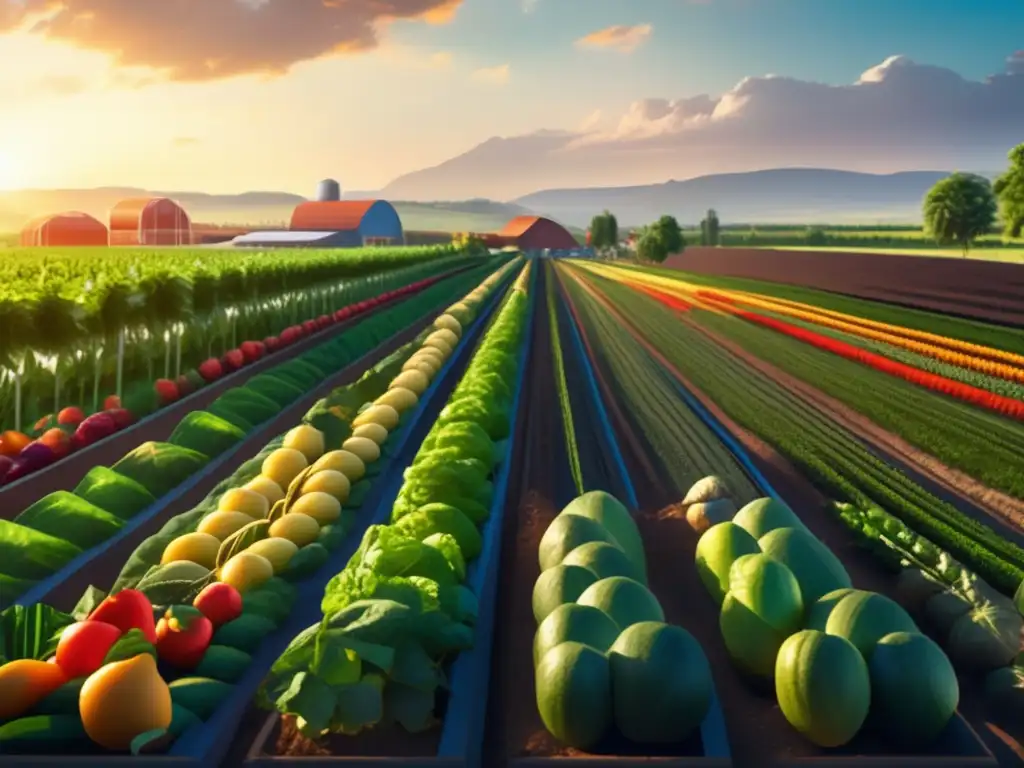 Un exuberante paisaje agrícola de 8K muestra una abundante cosecha de frutas y verduras, iluminada por suave luz solar