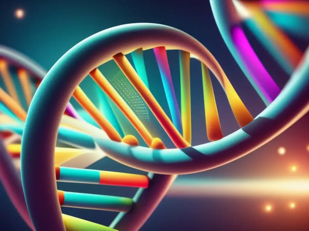 Un fascinante acercamiento a una estructura de ADN de doble hélice, resaltando los pares de bases con colores vibrantes