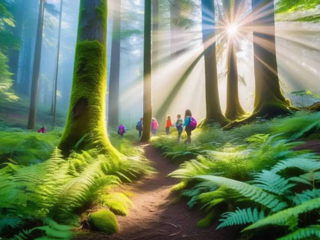 Un fascinante bosque exuberante y vibrante, con árboles imponentes y rayos de sol filtrándose entre el espeso dosel