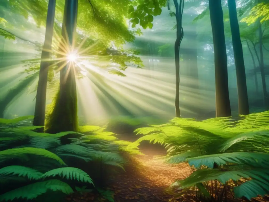 Un fascinante bosque verde exuberante iluminado por el sol dorado