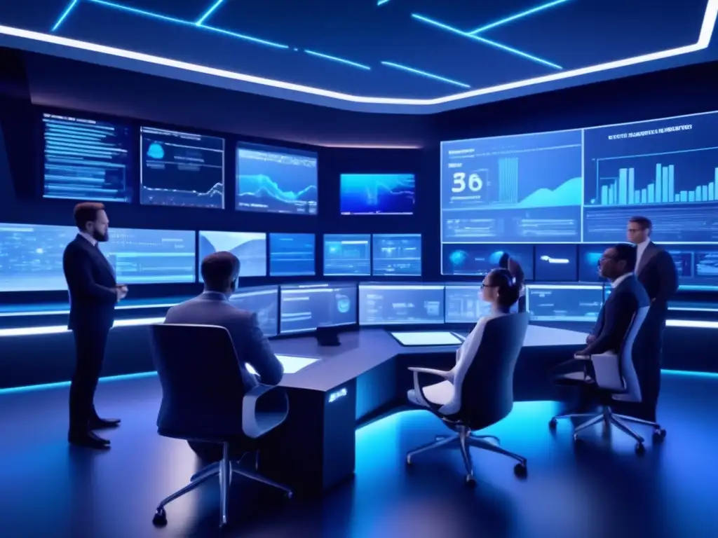 Un fascinante control room futurista en 8k, repleto de tecnología avanzada y pantallas mostrando datos y gráficos complejos