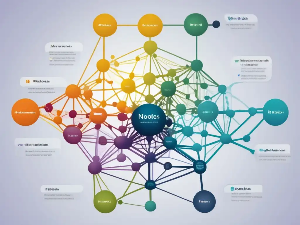 Un fascinante diagrama de red en alta resolución, interconectando nodos y bordes en colores vibrantes