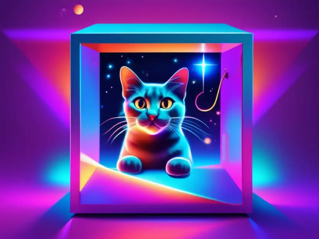 El fascinante experimento mental de Schrödinger ilustrado en una caja futurista con un gato vivo y muerto, rodeado de partículas cuánticas luminosas