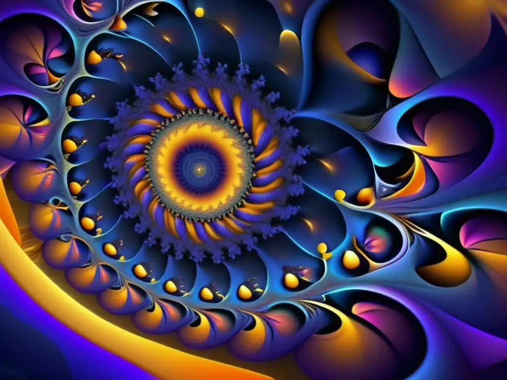 Un fascinante patrón fractal se despliega con colores vibrantes y formas intrincadas, creando una sensación hipnótica de movimiento y flujo