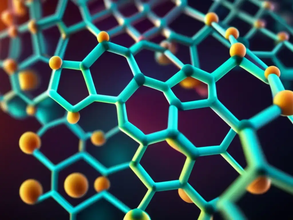 Una fascinante imagen en 8k muestra una estructura cristalina en química sólida, revelando la red intrincada y colorida de átomos