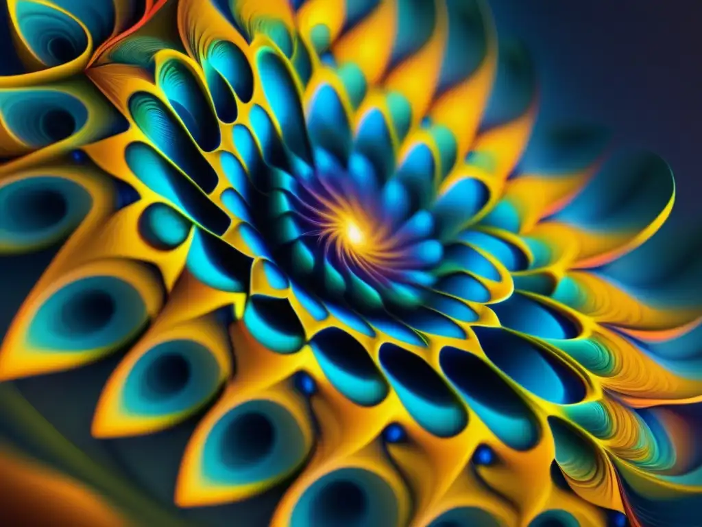 Una fascinante imagen fractal de resolución de singularidades en análisis complejo, con colores vibrantes y formas geométricas intrincadas