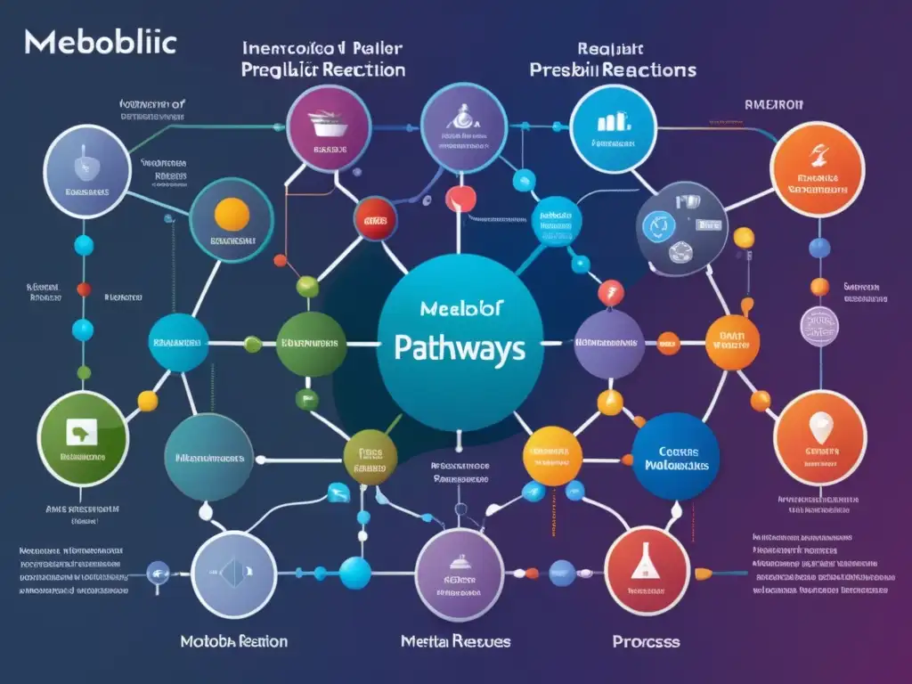 Una fascinante imagen que muestra las rutas metabólicas en bioquímica, con conexiones vibrantes y un diseño moderno