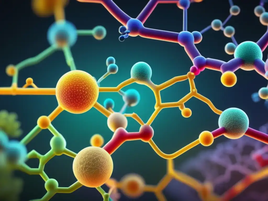 Una fascinante imagen ultradetallada en 8k de rutas metabólicas en bioquímica, mostrando la interconexión de procesos metabólicos