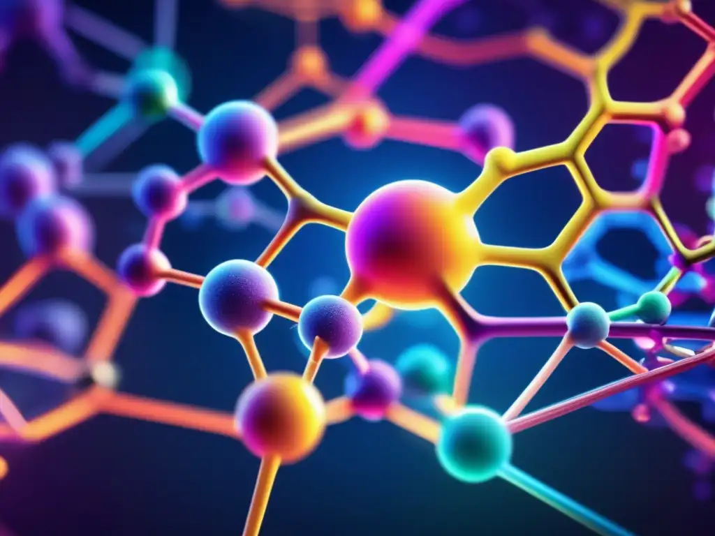 Un fascinante laberinto molecular iluminado con neón, representa las reacciones bioquímicas del metabolismo