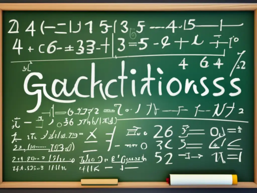 Un fascinante tablero lleno de ecuaciones matemáticas intricadas, con el enfoque en una hermosa fórmula de suma escrita a mano por Gauss