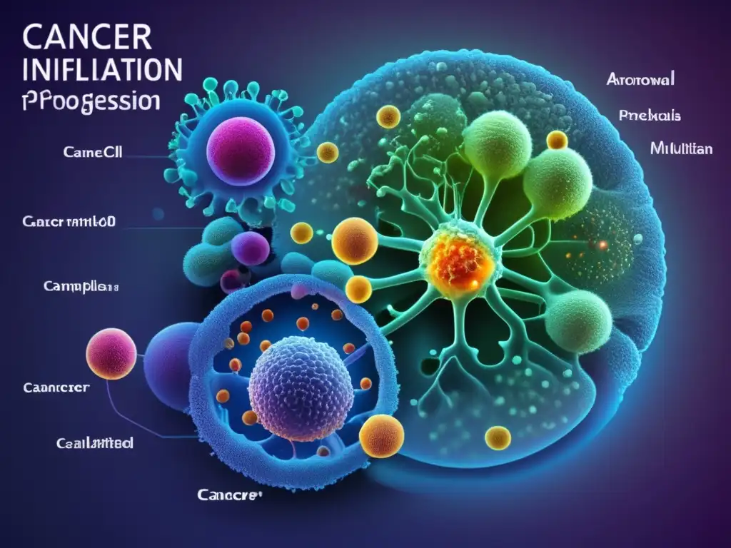 Un fascinante vistazo molecular al inicio y desarrollo del cáncer, revelando células mutadas con núcleos anormales y estructuras disfuncionales