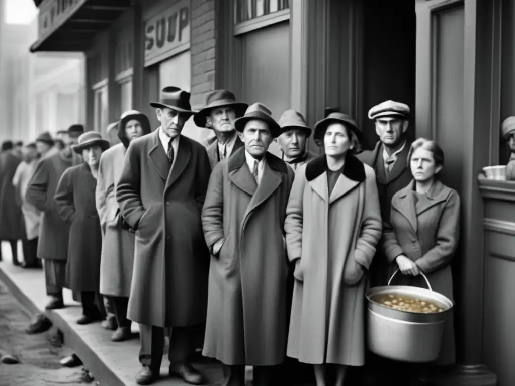 Una fila de personas espera afuera de una cocina comunitaria durante la Gran Depresión