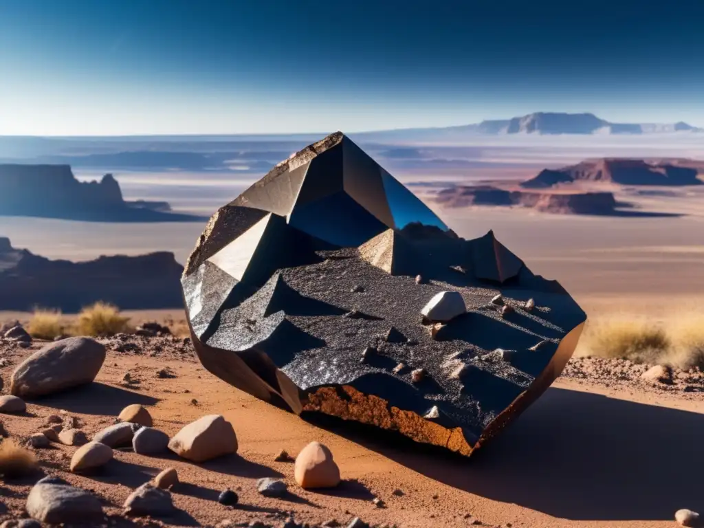 Un fragmento de meteorito en un paisaje desértico, resalta la importancia del estudio de los meteoritos en el cosmos