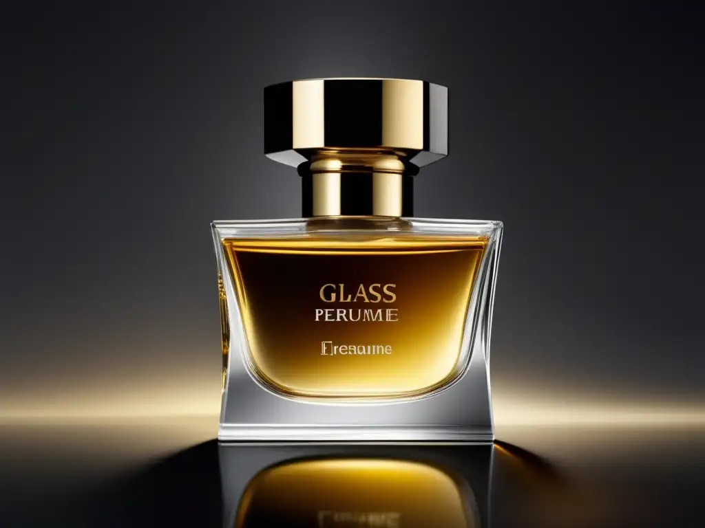 Un frasco de perfume de vidrio transparente, elegante y moderno, se destaca sobre una superficie reflectante