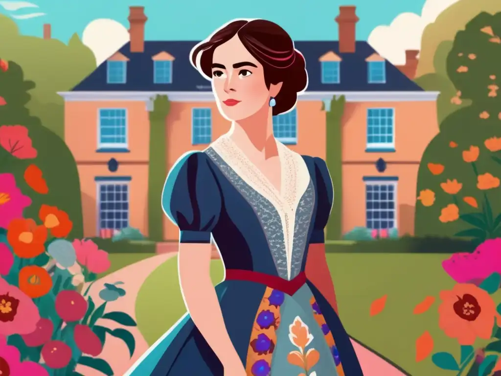 Elizabeth Bennet se para con determinación frente a una mansión, rodeada de flores coloridas