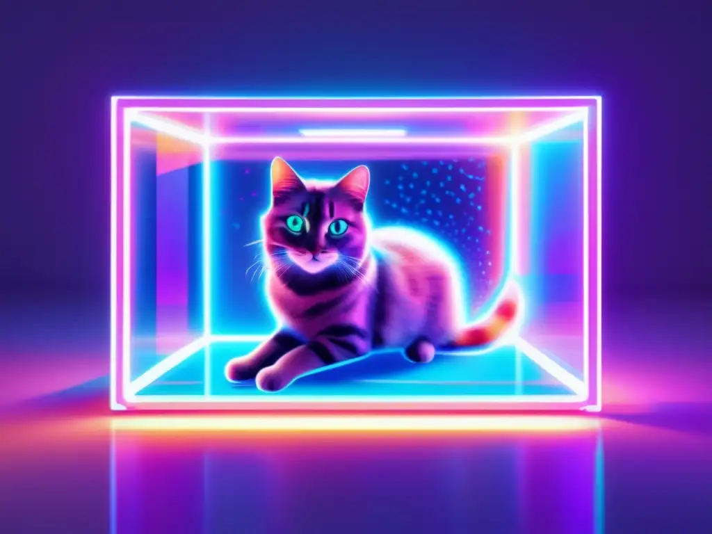 Un gato futurista suspendido en una caja brillante, reflejando la complejidad de la mecánica cuántica y las interpretaciones de Schrödinger