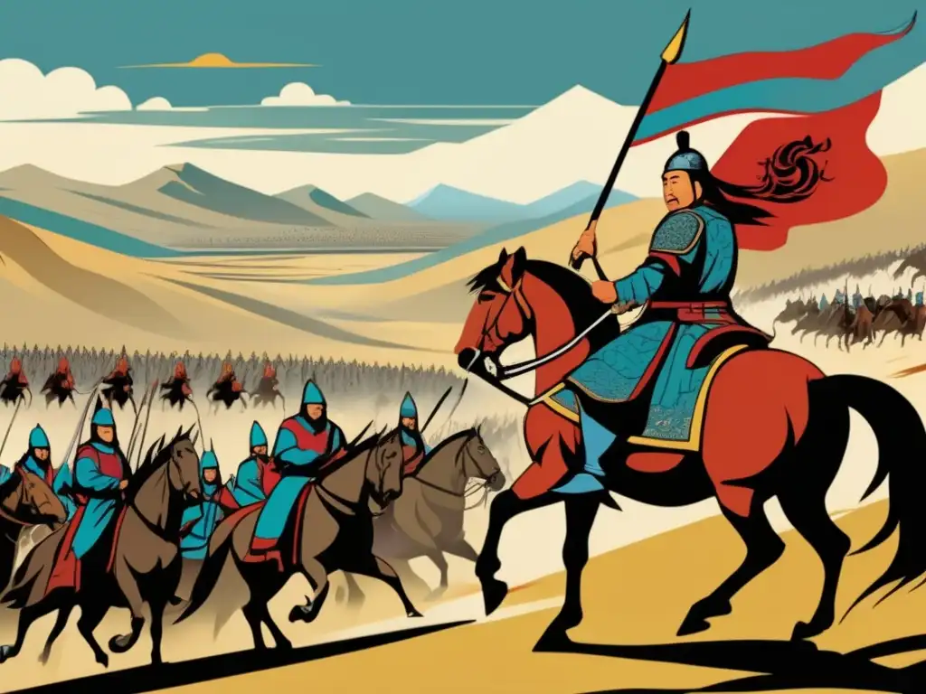 Genghis Khan lidera el ejército mongol a caballo en las vastas estepas de Mongolia, mostrando la importancia histórica de los mongoles