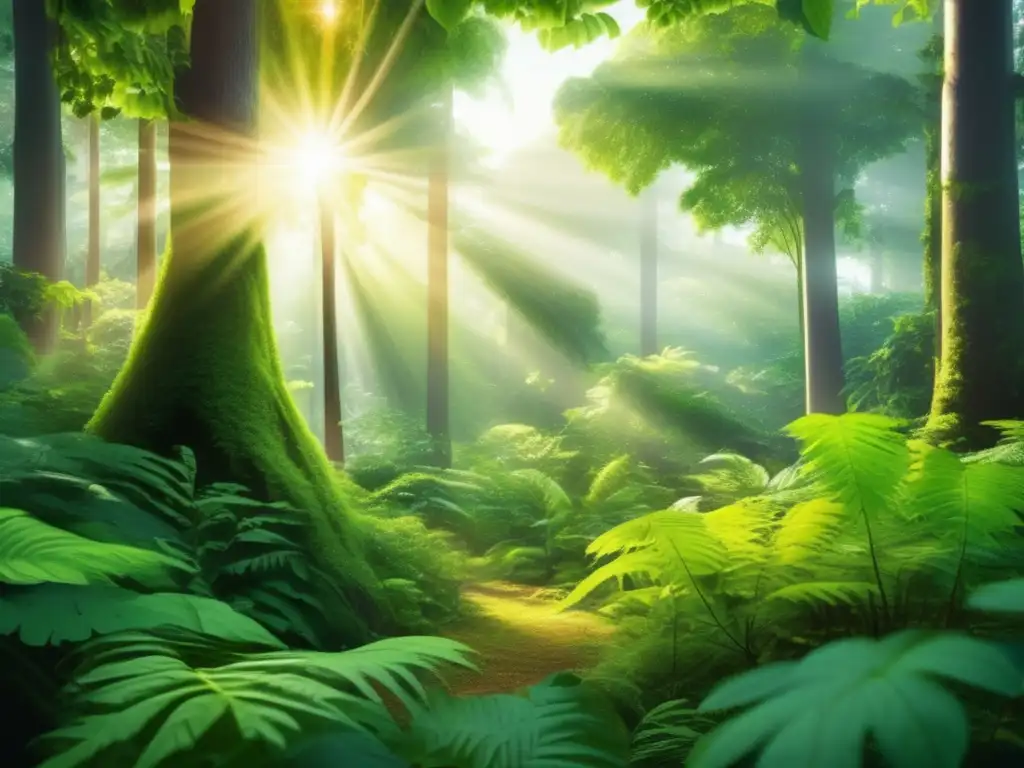 Un glorioso bosque verde, iluminado por rayos de sol que atraviesan el dosel y resaltan la exuberante vegetación