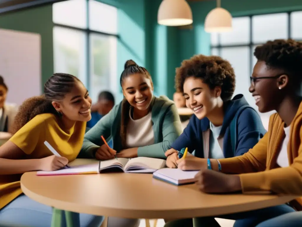 Un grupo de adolescentes diversos participa activamente en una discusión colaborativa en un aula moderna