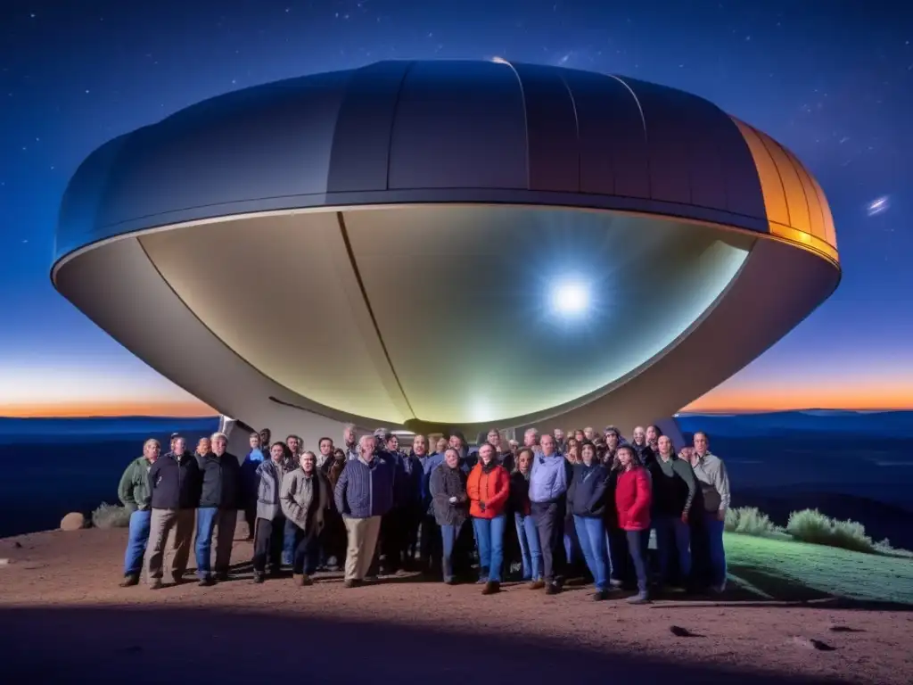 Un grupo de astrobiólogos y astrofísicos conversa frente a un telescopio de vanguardia, inmersos en la búsqueda de vida extraterrestre