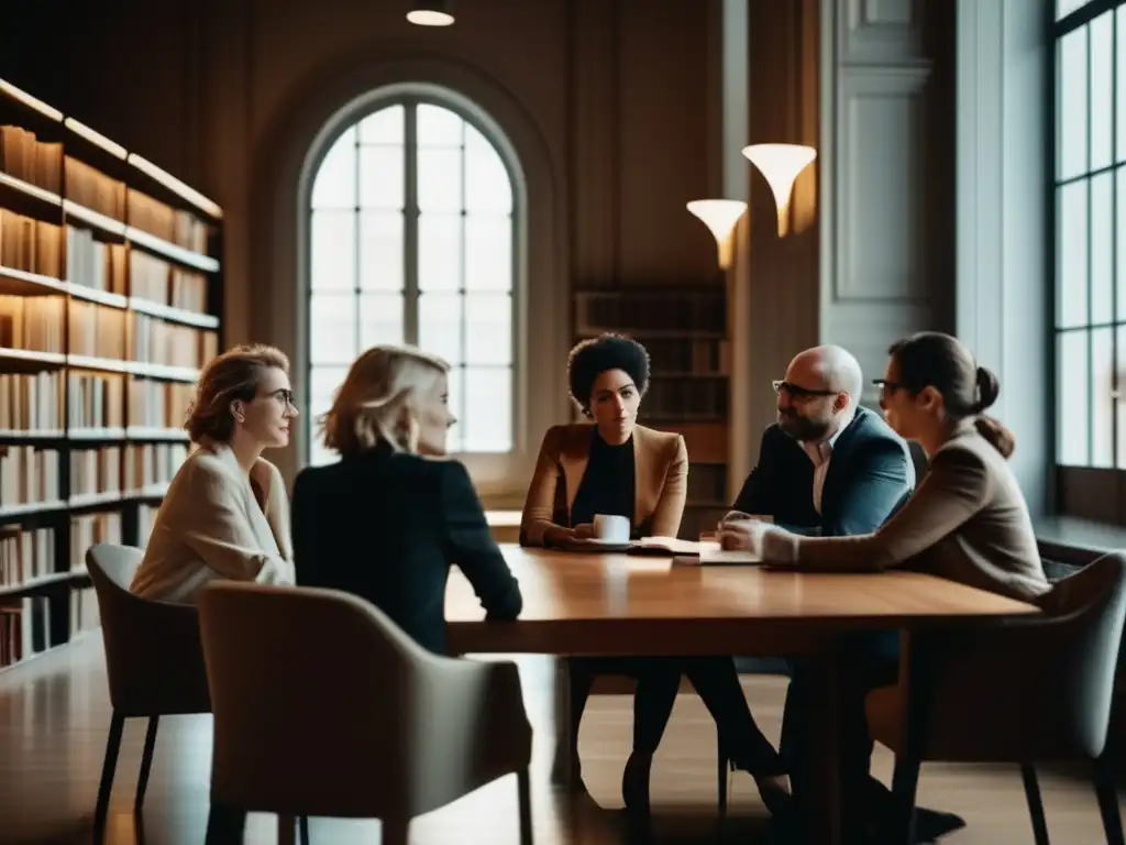 Un grupo de autores europeos en narrativa contemporánea debaten sus obras en una biblioteca minimalista bañada por cálida luz natural