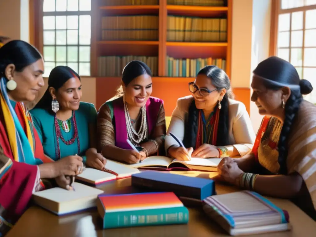 Un grupo de autores indígenas latinoamericanos colaborando en una mesa, rodeados de libros y arte indígena