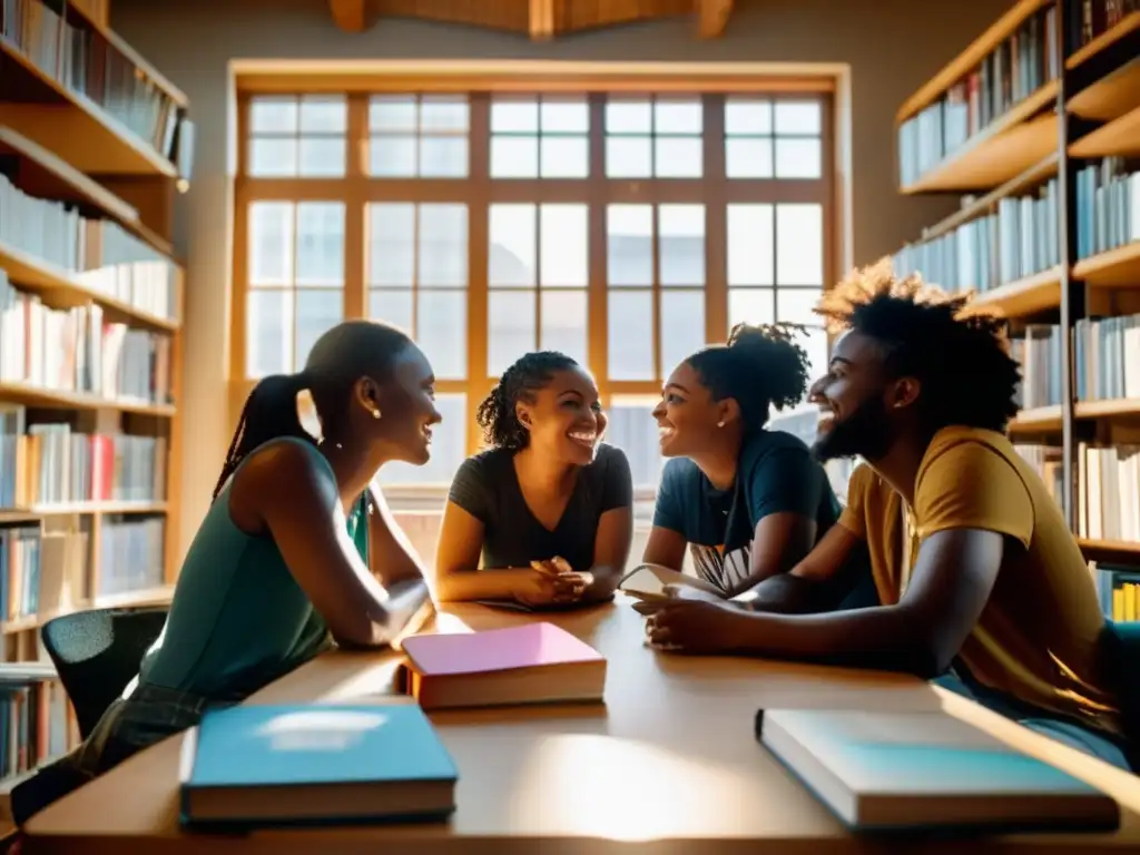 Un grupo de autores jóvenes diversos discuten animadamente en torno a una mesa llena de libros