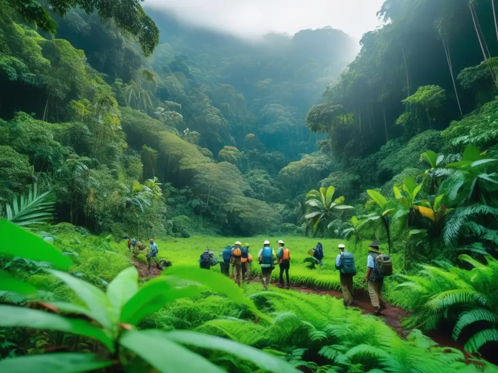 Un grupo de biólogos de campo realizando técnicas de estudio de biología de campo en una exuberante selva lluviosa