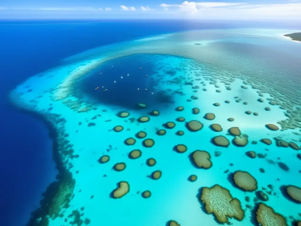 Un grupo de buceadores explora un arrecife de coral colorido en un vasto océano de aguas cristalinas