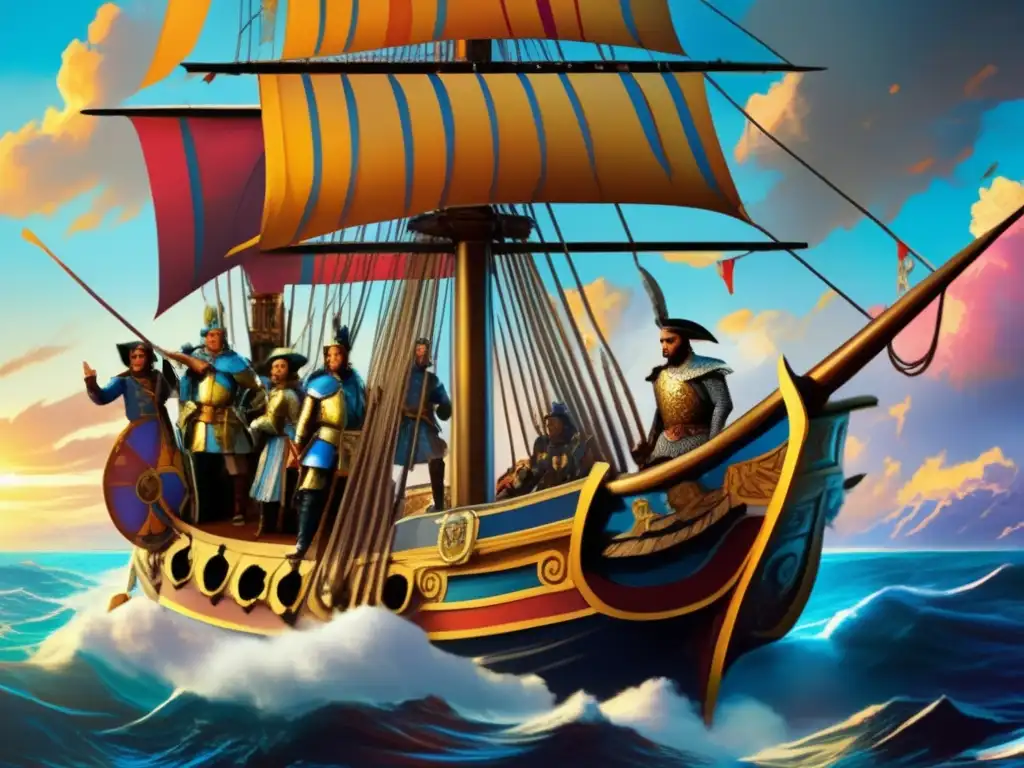 Un grupo de conquistadores y exploradores europeos en un barco, con colores vibrantes y detalles intrincados