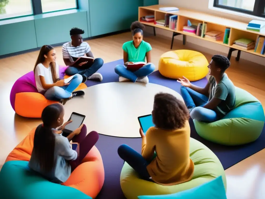 Un grupo diverso de adolescentes se reúne en un aula contemporánea, llena de luz y color