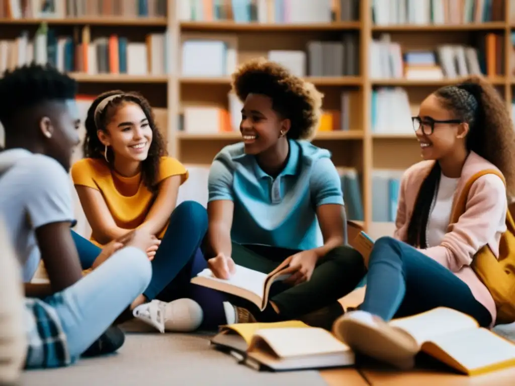 Un grupo diverso de adolescentes discute animadamente en círculo, rodeados de libros y materiales educativos