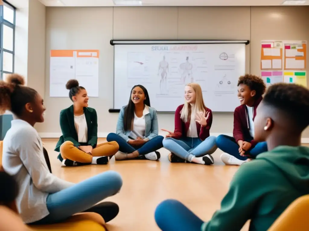 Un grupo diverso de adolescentes participa activamente en una discusión abierta sobre educación sexual en un aula iluminada