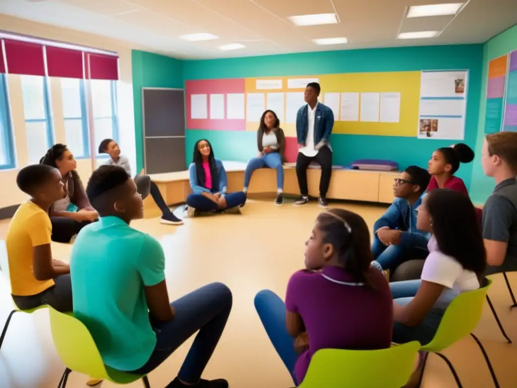 Un grupo diverso de adolescentes participa activamente en una enriquecedora discusión sobre la importancia de la educación sexual en la adolescencia