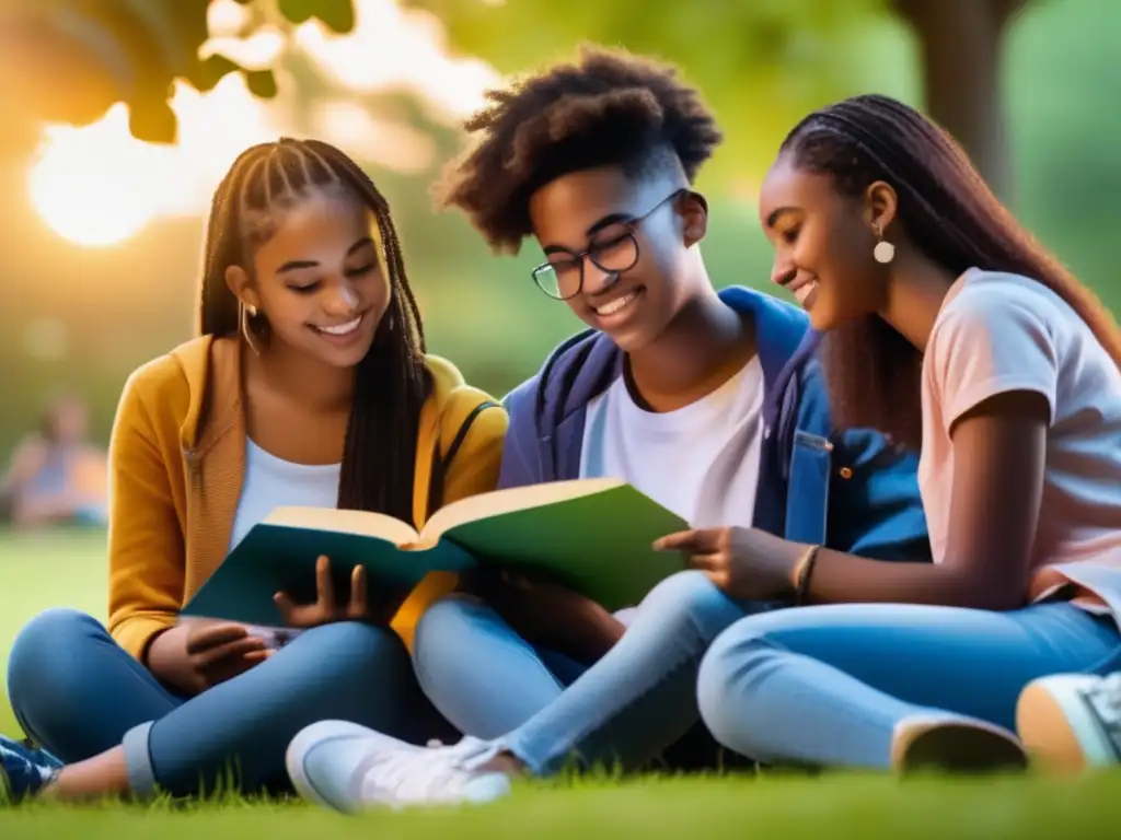 Un grupo diverso de adolescentes disfruta de la literatura juvenil contemporánea sin estereotipos en un parque al atardecer