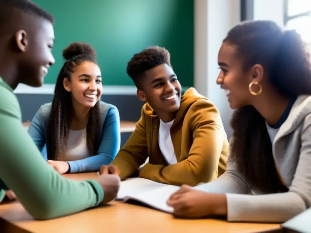 Un grupo diverso de adolescentes se reúnen en una mesa para recibir tutorías personalizadas