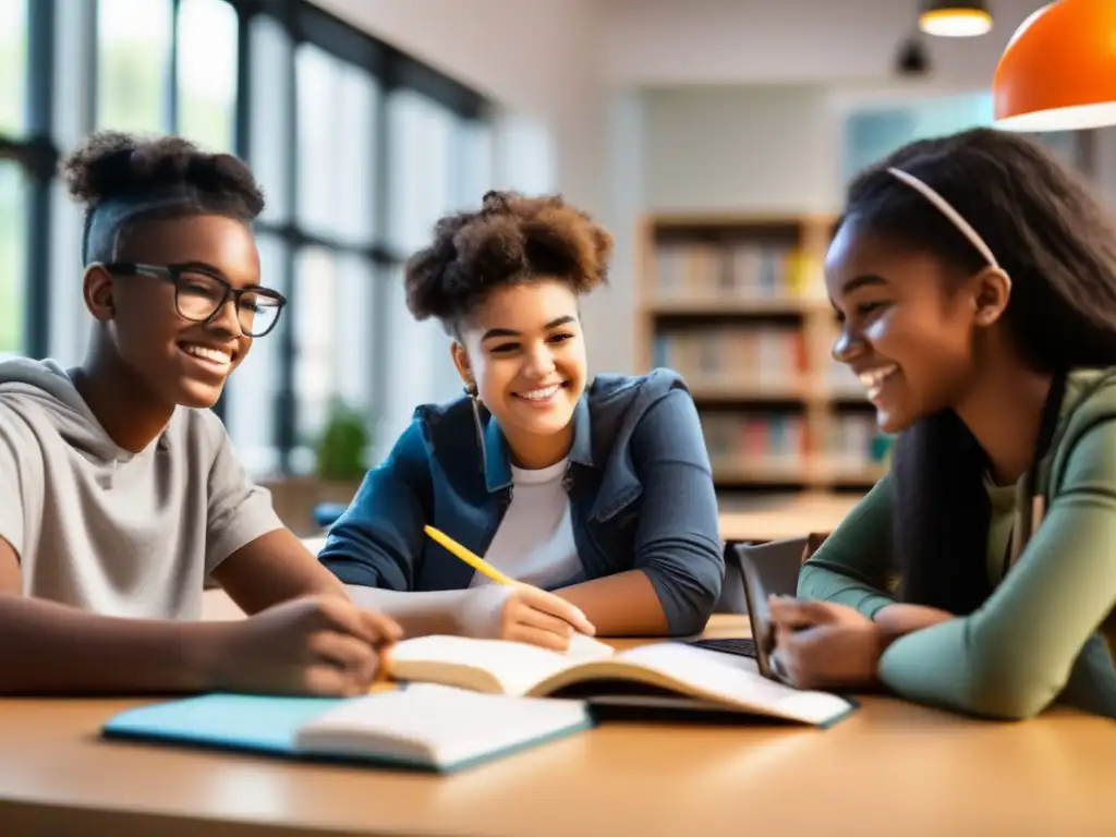 Un grupo diverso de adolescentes estudia y recibe tutorías personalizadas en un centro moderno y bien iluminado