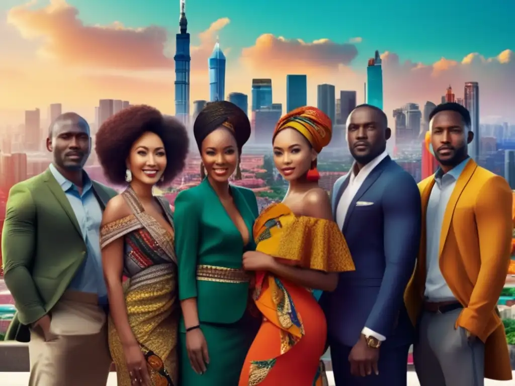 Un grupo diverso de africanos y asiáticos posa en una bulliciosa ciudad, simbolizando el proceso de descolonización en África y Asia