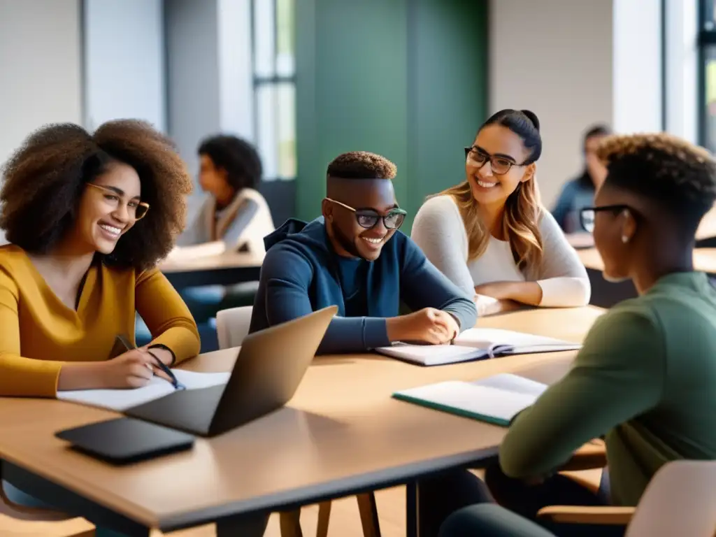 Un grupo diverso de alumnos recibe tutorías personalizadas para dificultades de aprendizaje en un aula moderna y acogedora