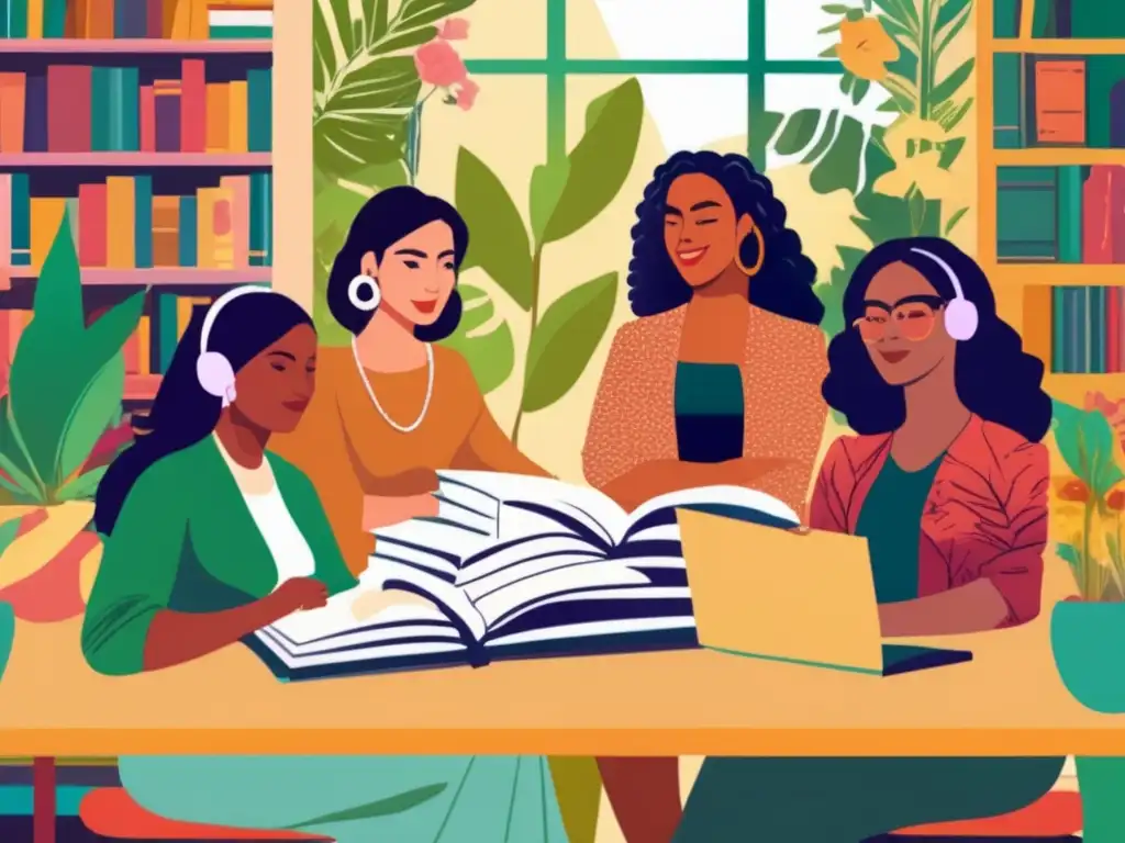 Un grupo diverso de escritoras latinoamericanas se reúne alrededor de una mesa llena de libros y papeles, representando la importancia de la literatura femenina latinoamericana