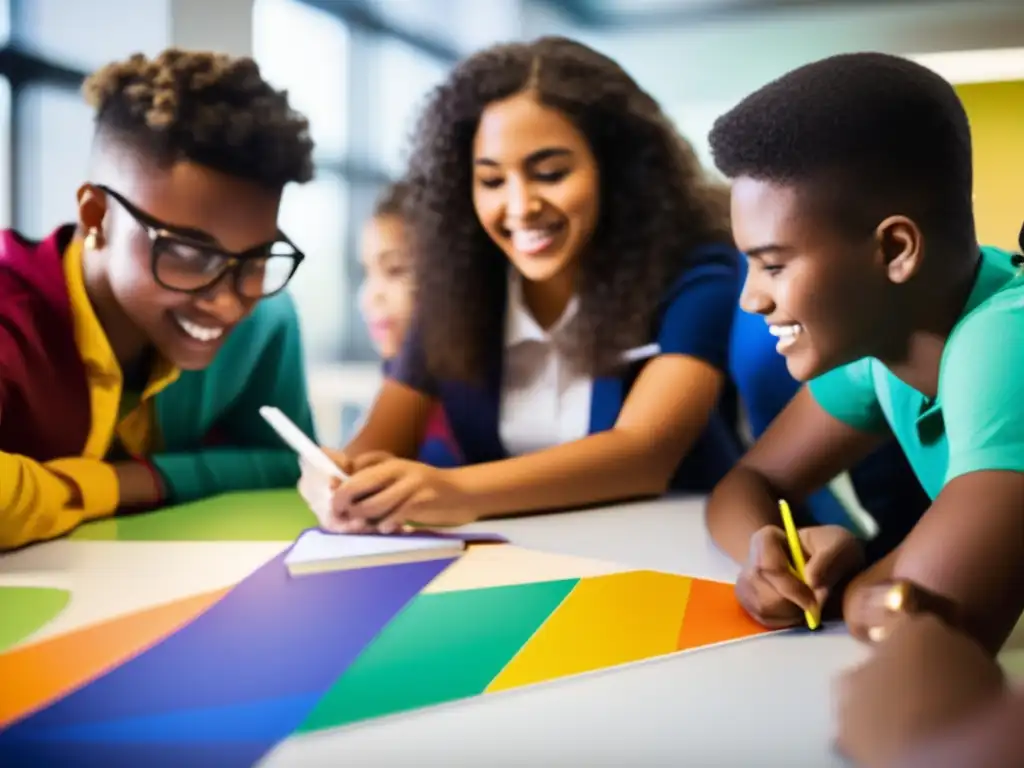 Un grupo diverso de estudiantes se concentra en una actividad de aprendizaje colaborativo