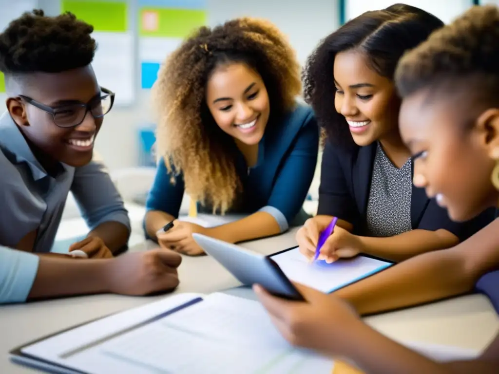 Un grupo diverso de estudiantes participa activamente en una actividad de aprendizaje colaborativo en un aula moderna