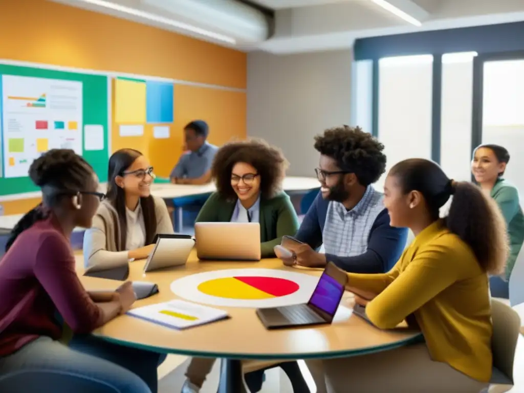 Un grupo diverso de estudiantes colabora activamente en una actividad de aprendizaje situado en tutorías