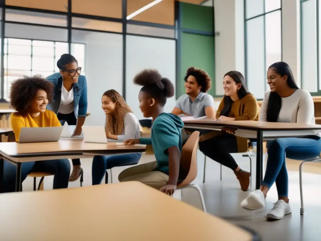 Un grupo diverso de estudiantes participa activamente en una actividad colaborativa en un aula moderna y equipada