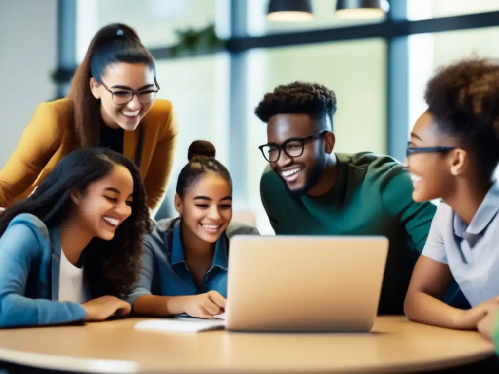 Un grupo diverso de estudiantes colabora entusiastamente en una actividad de resolución de problemas