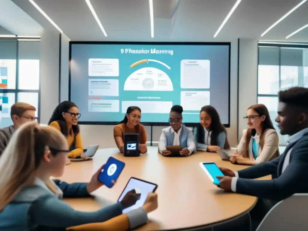 Un grupo diverso de estudiantes participa activamente en actividades de MLearning, aprovechando los beneficios del MLearning en educación