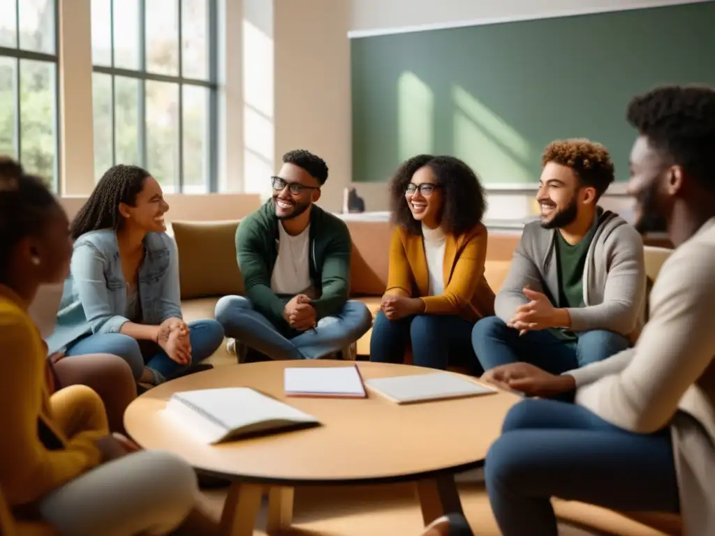 Un grupo diverso de estudiantes participa en una animada tutoría inclusiva con feedback estudiantil