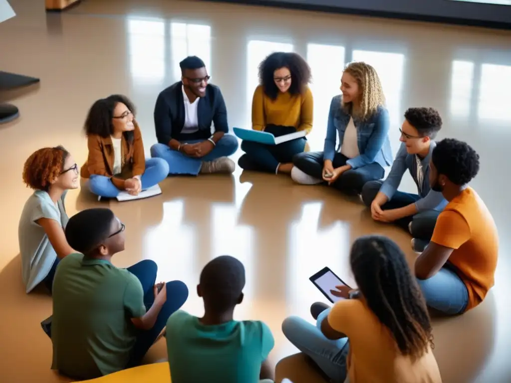 Un grupo diverso de estudiantes participa activamente en una animada discusión en un círculo